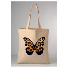 Giftora Leopar Desenli Kelebek Baskılı Ham Bez 35X40 Ekru Omuz Çantası