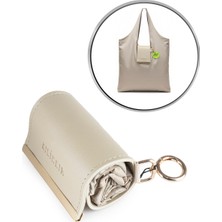 İmaks Saten Kumaş Katlanır Rulo Pratik Çıtçıtlı Kapsül Alışveriş Market Plaj Cep El / Kol Çantası Bej K004