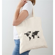 Giftora Dünya Haritası Baskılı Ham Bez Omuz