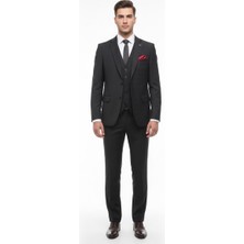 Presto Erkek Yelekli Slimfit Ekose Takım Elbise 6 Drop Siyah 707-011