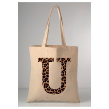 Giftora Leopar Desenli U Harfi Baskılı Ham Bez 35X40 Ekru Omuz Çantası