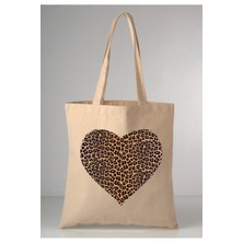 Giftora Leopar Desenli Kalp Baskılı Ham Bez 35X40 Ekru Omuz Çantası