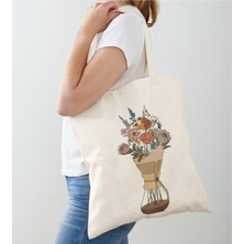 Giftora Flowers Coffe Baskılı Ham Bez Omuz