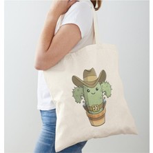 Giftora Komik Kaktüs Tasarımlı Ham Bez Omuz