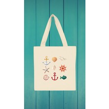 Giftora Deniz Kabukları Temalı Baskılı %100 Pamuk Gabardin Bez Çanta