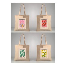 Giftora Çiçek Pasajı Flower Market Baskılı Ham Bez 35X40 Ekru Omuz Çantası