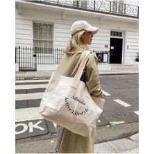 Giftora Kanvas Çanta Baskılı Günlük Spor Plaj Çantası Krem Rengi