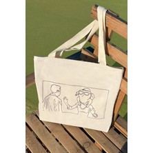 Giftora Friends Desenli Bez Çanta - Sanatsal Kanvas Omuz Çantası - Kadın Alışveriş Çantası