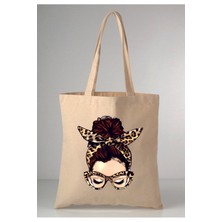 Giftora Leoparlı Kız Desenli Baskılı Ham Bez 35X40 Ekru Omuz Çantası