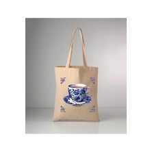 Giftora Özel Seri Delft Blue Kahve Fincanı Baskılı Ham Bez Omuz Çantası