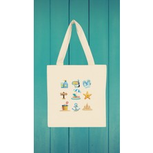 Giftora Plaj Temalı Baskılı %100 Pamuk Gabardin Bez Çanta