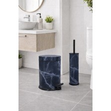 Sas Haus Lacivert Mermer Desenli 2'li Banyo Seti - Metal Çöp Kovası 3 Lt ve Wc Fırçası Takımı