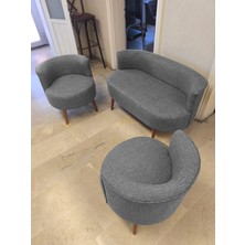 Azra Mobilya Sydney Çay Seti Koltuk Takımı Keten Kumaş 2+1+1 | Ceviz Ayak | Modern Salon & Ofis Takımı | Açık Gri