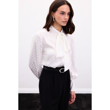 Sateen Puantiye Desenli Gömlek - Ekru