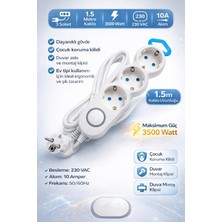 Ecuy Anahtarlı Üçlü Çoklu Priz 1.5 Metre Kablolu 3500W Çocuk Korumalı Askı Aprat & Duvar Montajlı