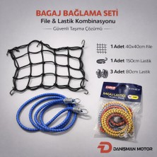 Carub Motosiklet Bagaj Bağlama Seti – 40X40 cm Lastik File + 150 cm & 3 Adet 80 cm Bagaj Lastiği (5'li Set)