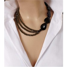 Sinem Şanlı Siyah Damla Kristal Kesim Oniks Taşı ve Haki Kristal Boncuklu Tasarım Kolye