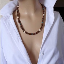 Sinem Şanlı Doğal Denge Kemik Kaplan Gözü Mavi Havlit ve Tahta Boncuk Detaylı Unisex Kolye