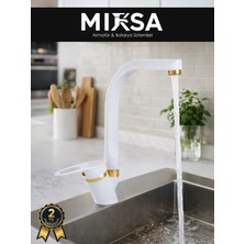 Mixsa Lüx Beyaz-Gold Balıksırtı Borulu Mutfak Eviye Bataryası, Musluğu, Çeşmesi Çift Su Girişli