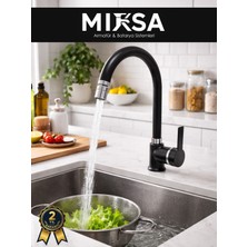 Mixsa Siyah-Krom Armut Baston Borulu Oynar Başlıklı Perlatörlü Mutfak Eviye Bataryası, Çiftsugirişli