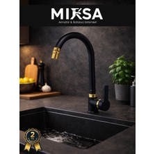 Mixsa Lüx Siyah-Gold Armut Baston Oynar Başlıklı Perlatörlü Mutfak Eviye Bataryası, Çiftsugirişli