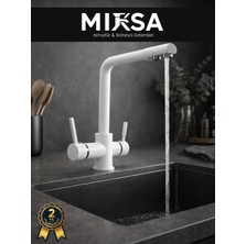 Mixsa Lüx Arıtmalı Beyaz 3 Yollu Mutfak Eviye Bataryası Musluğu (Sıcak-Soğuk Girişli, Pirinç Malzeme)