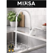 Mixsa Beyaz-Krom Baston Borulu Mutfak Eviye Bataryası, Musluğu, Çeşmesi Çift Su Girişli