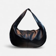 Turqa Siyah Oval Yumuşak Suni Deri Örgü Kenarlı El ve Omuz Çantası