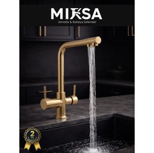 Mixsa Lüx Arıtmalı Gold 3 Yollu Mutfak Eviye Bataryası Musluğu (Sıcak-Soğuk Girişli, Pirinç Malzeme)