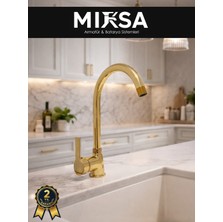 Mixsa Lüx Full Gold Armut Baston Borulu Mutfak Eviye Bataryası Çeşmesi Musluğu Çift Su Girişli
