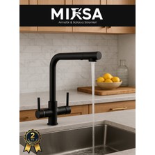 Mixsa Lüx Arıtmalı Siyah 3 Yollu Mutfak Eviye Bataryası Musluğu (Sıcak-Soğuk Girişli, Pirinç Malzeme)