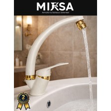 Mixsa Lüx Beyaz-Gold Kuğu Borulu Oynar Başlıklı Perlatörlü Mutfak Eviye Bataryası, Çiftsugirişli