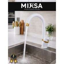 Mixsa Lüx Beyaz-Gold Baston Borulu Mutfak Eviye Bataryası, Musluğu, Çeşmesi Çift Su Girişli