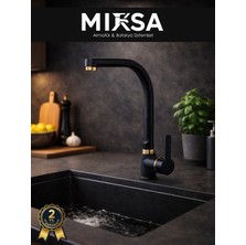 Mixsa Lüx Siyah-Gold Armut Balıksırtı Mutfak Eviye Bataryası, Musluğu, Çeşmesi Çift Su Girişli