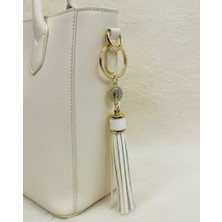 Beepoint Beyaz Deri Püsküllü Gold Detay Anahtarlık Çanta Süsü