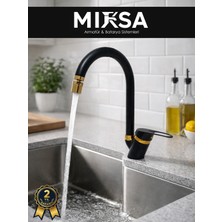 Mixsa Lüx Siyah-Gold Baston Borulu Oynar Başlıklı Perlatörlü Mutfak Eviye Bataryası, Çiftsugirişli