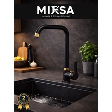 Mixsa Lüx Siyah-Gold Armut Köşe Borulu Mutfak Eviye Bataryası, Musluğu, Çeşmesi Çift Su Girişli