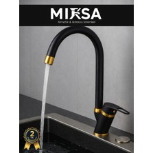 Mixsa Lüx Siyah-Gold Baston Borulu Mutfak Eviye Bataryası, Musluğu, Çeşmesi Çift Su Girişli
