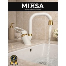 Mixsa Lüx Beyaz-Gold Köşe Borulu Oynar Başlıklı Perlatörlü Mutfak Eviye Bataryası, Çiftsugirişli