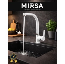 Mixsa Beyaz-Krom Armut Balıksırtı Borulu Mutfak Eviye Bataryası Çeşmesi Musluğu Çift Su Girişli
