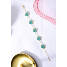 925 Ayar Gümüş Altın Kaplama Beşli Yeşil Yonca Bileklik