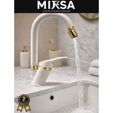 Mixsa Lüx Beyaz-Gold Baston Borulu Oynar Başlıklı Perlatörlü Mutfak Eviye Bataryası, Çiftsugirişli