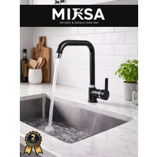 Mixsa Siyah-Krom Armut Köşe Borulu Mutfak Eviye Bataryası Çeşmesi Musluğu Çift Su Girişli