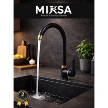 Mixsa Lüx Siyah-Gold Armut Baston Borulu Mutfak Eviye Bataryası, Musluğu, Çeşmesi Çift Su Girişli