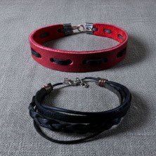 Uretti - Ali 7128 9605 El Yapımı 2'li Unisex Kırmızı ve Siyah Deri Bileklik