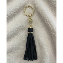 Beepoint Siyah Deri Püsküllü Gold Detay Anahtarlık Çanta Süsü