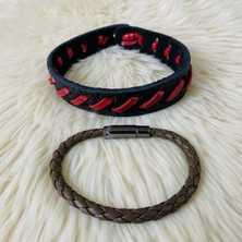 Uretti - Ali 7128 2745 El Yapımı 2'li Unisex Deri Bileklik Seti