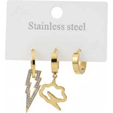 Stainless Stell 3'lü Küpe Seti -Yıldırım ve Bulut Figürlü Tasarım Bronte