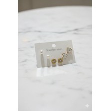 Stainless Steel Çelik Kalpli Zirkon Taşlı Incili Küpe