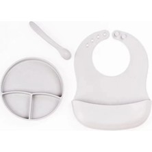 Marsilyan Gri 3’lü Silikon Yemek Seti – Önlük + Diş Kaşıyıcılı Kaşık + Vakumlu Tabak